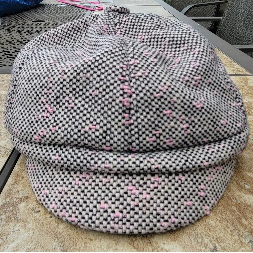 Women Newsboy Cap Wool Blend Black White Pink Tweed Baker Boy Hat 57cm